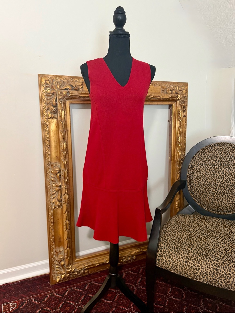 Ann Taylor Red Sleeveless V-Neck Midi Dress with Flared Hem